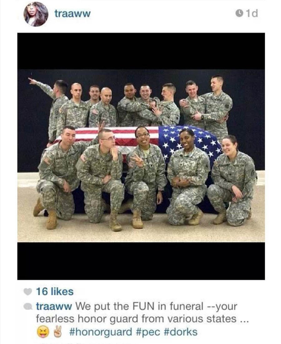 This photo posted to the Instagram account belonging to Spc. Terry Harrison shows a dozen soldiers around a casket draped in a flag at a National Guard training facility in Arkansas.