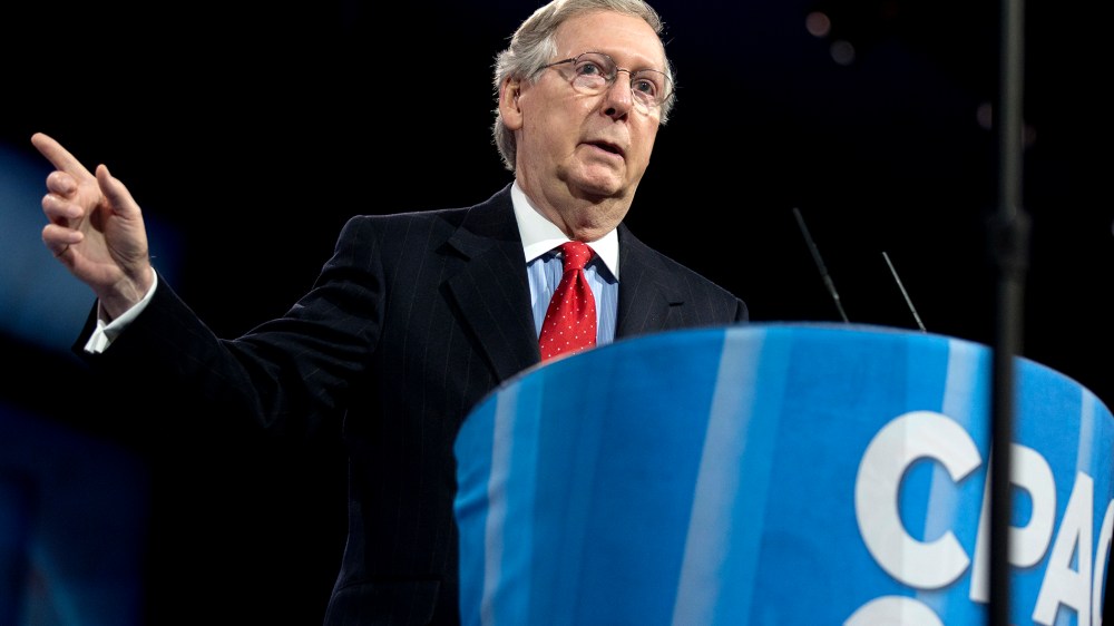 Senate Minority Leader Mitch McConnell (R-KY) gestures as he speaks at the 40th annual Conservative Political Action Conference in National Harbor, Md., March 15, 2013.