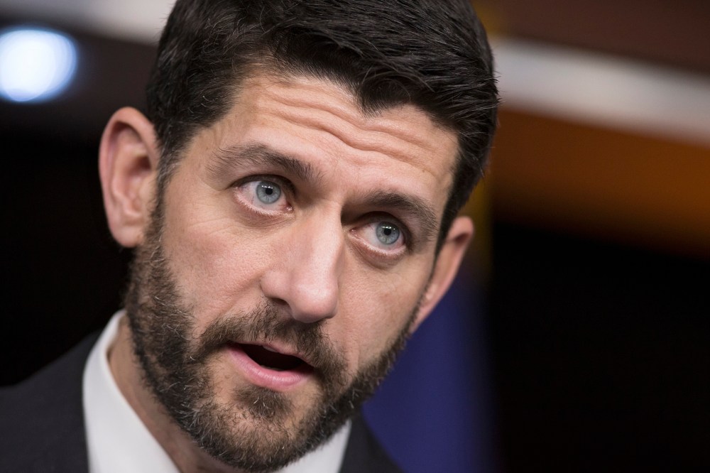 House Speaker Paul Ryan of Wis. speaks during an end-of-the-year news conference on Capitol Hill in Washington, Dec. 17, 2015, as the Congress moves toward passage of a $1.1 trillion omnibus spending bill. (Photo by J. Scott Applewhite/AP)