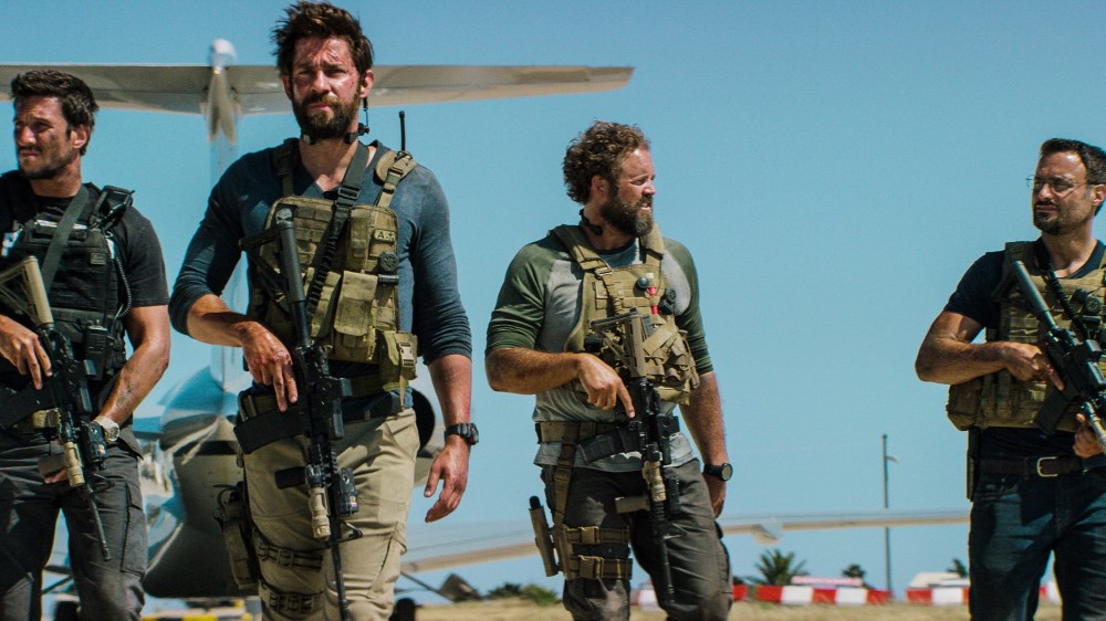 Pablo Schreiber, John Krasinski, David Denman and Dominic Fumusa, in the film, "13 Hours: The Secret Soldiers of Benghazi" from Paramount Pictures and 3 Arts Entertainment/Bay Films. (Photo by Christian Black/Paramount Pictures/AP)