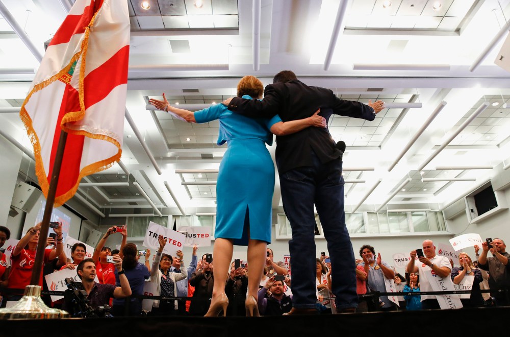 Former Republican presidential candidate Carly Fiorina joins Republican presidential candidate, Sen. Ted Cruz, R-Texas during a campaign rally in Miami, Fla., March 9, 2016. (Photo by Paul Sancya/AP)
