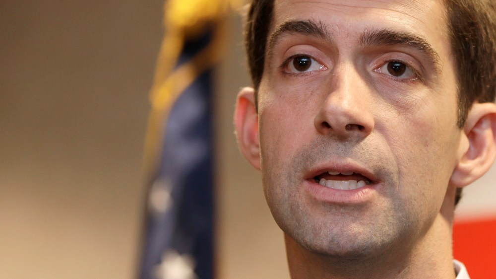 This Aug. 21, 2014, file photo shows Rep. Tom Cotton, R-Ark., as he speaks during a news conference in North Little Rock, Ark.