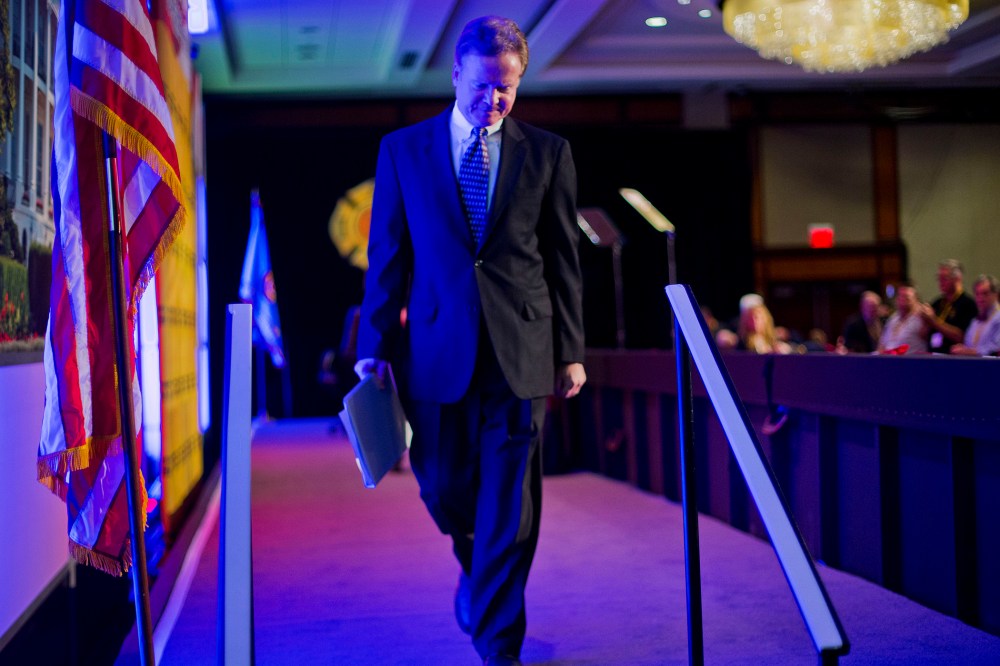 Former Virginia Sen. Jim Webb walks off stage after speaking at the International Association of Firefighters (IAFF) Legislative Conference and Presidential Forum in Washington, D.C., March 10, 2015. (Photo by Pablo Martinez Monsivais/AP)