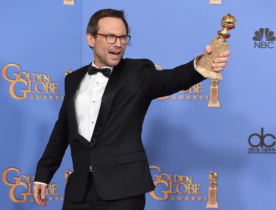 Christian Slater poses with the award for Best Supporting Actor in a series, limited series or TV movie for his role in 