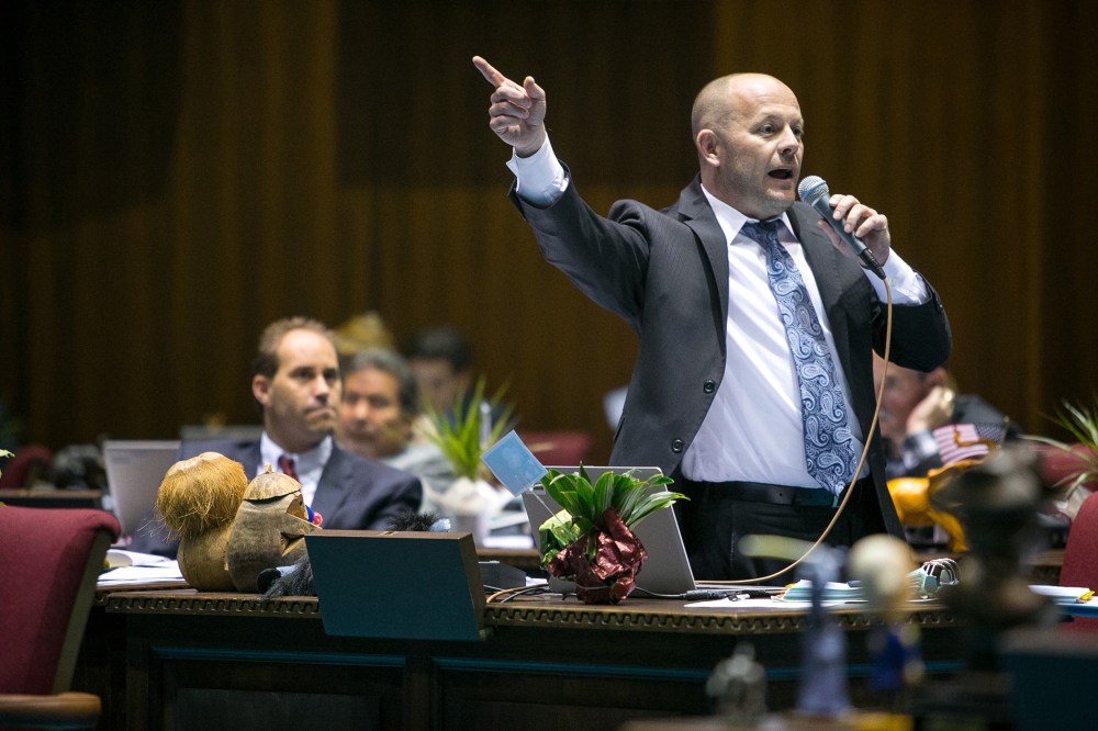 House Minority Leader Chad Campbell, (D) Phoenix, argues that House Bill 2153 would discriminate against gays and others on the House Floor in Phoenix on Feb. 20, 2014.