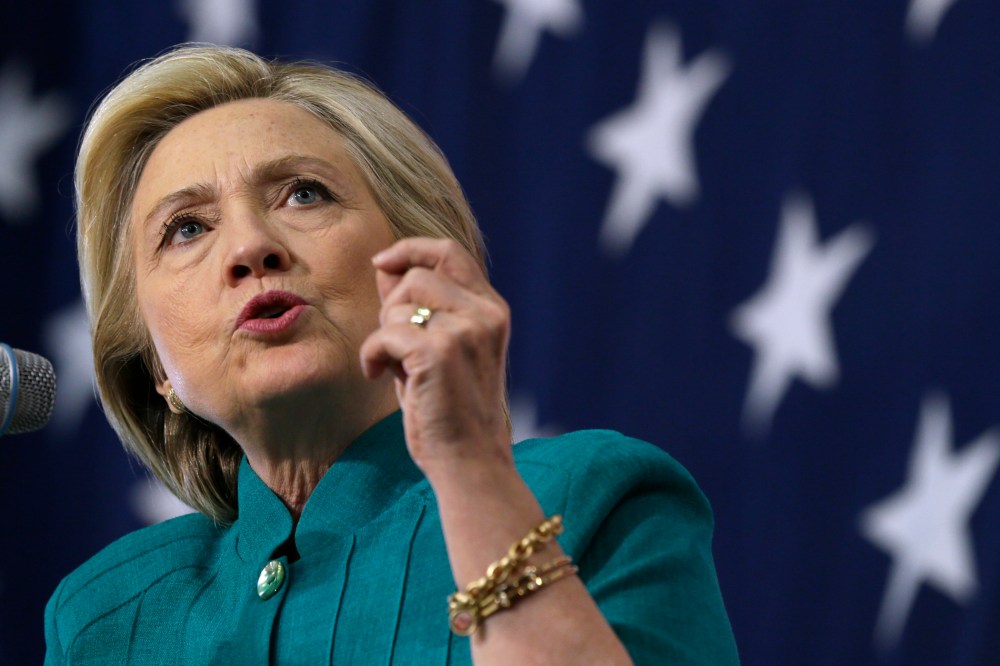 Democratic presidential candidate Hillary Rodham Clinton speaks to supporters during a rally on June 14, 2015, in Des Moines, Iowa. (Photo by Charlie Neibergall/AP)