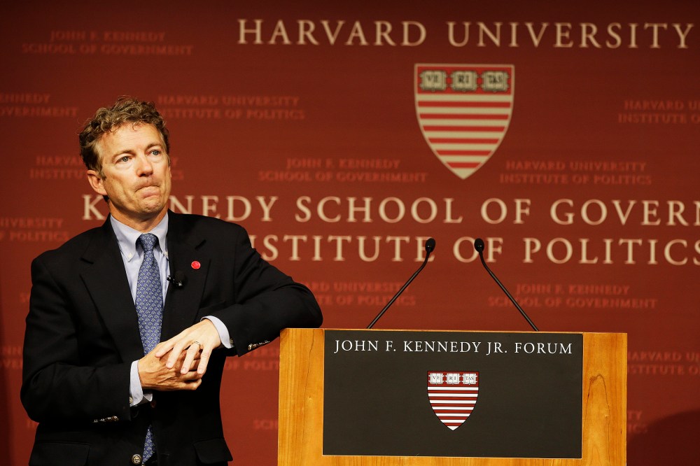 Rand Paul pauses during his public address at the John F. Kennedy Jr. Forum Institute of Politics in Cambridge, Mass, Apr. 25, 2014.