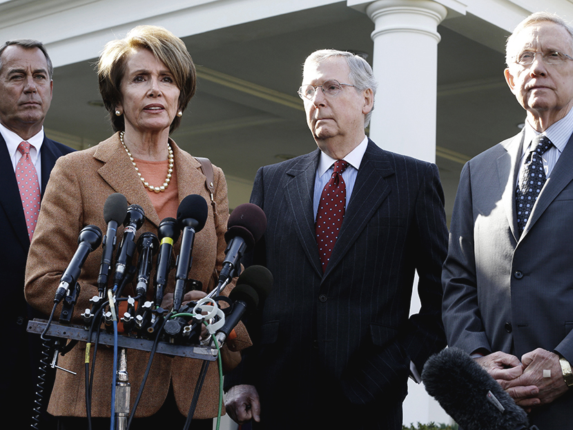 In this Nov. 16, 2012, file photo House Minority Leader, Nancy Pelosi (D-CA), second from left, House Speaker,John Boehner (R-OH), Senate Minority Leader, Mitch McConnell (R-KY), and Senate Majority Leader, Harry Reid (D-NV), speak to reporters outside...