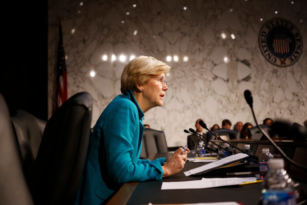 Sen. Elizabeth Warren questions Treasury Secretary Jacob Lew as he testifies before the Senate Banking, Housing and Urban Affairs committee on Capitol Hill in Washington, D.C. on June 25, 2014.