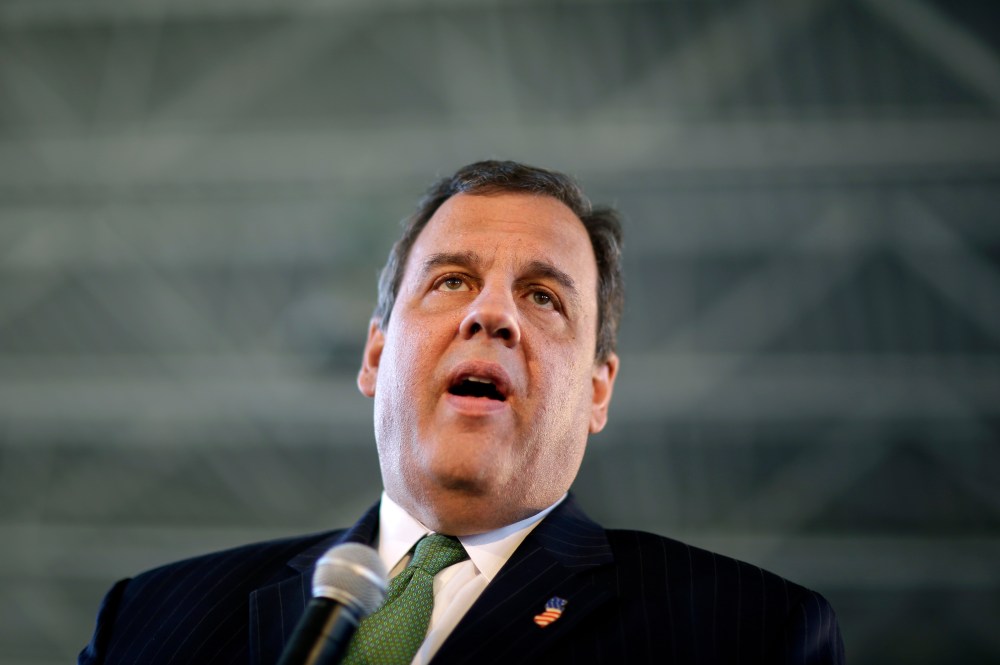 New Jersey Gov. Chris Christie addresses a gathering at a town hall meeting, March 17, 2015, in Freehold, NJ. (Photo by Mel Evans/AP)