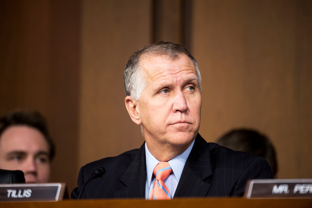 Sen. Thom Tillis, R-N.C., listens as U.S. Attorney General nominee Loretta Lynch testifies during her confirmation hearing in the Senate Judiciary Committee on Jan. 28, 2015. (Photo By Bill Clark/CQ Roll Call/AP)