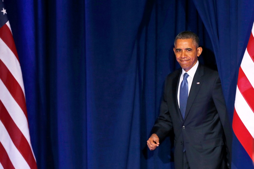 Barack Obama arrives to speak about NSA surveillance, Jan. 17, 2014.