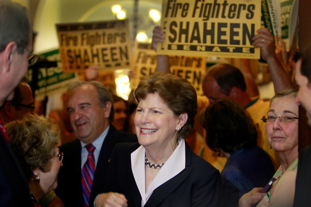 U.S. Sen. Jeanne Shaheen (D-N.H.) is surrounded by supporters as she arrives at the Secretary of State's office in Concord, N.H. to file her campaign paperwork to seek re-election, June 9, 2014.