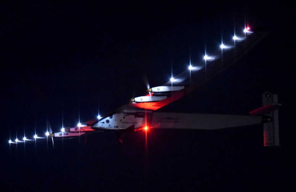 Solar Impulse 2 takes off for Hawaii from Nagoya Airport in Toyoyama, Aichi Prefecture before dawn on June 29, 2015. (Photo by The Yomiuri Shimbun/AP)