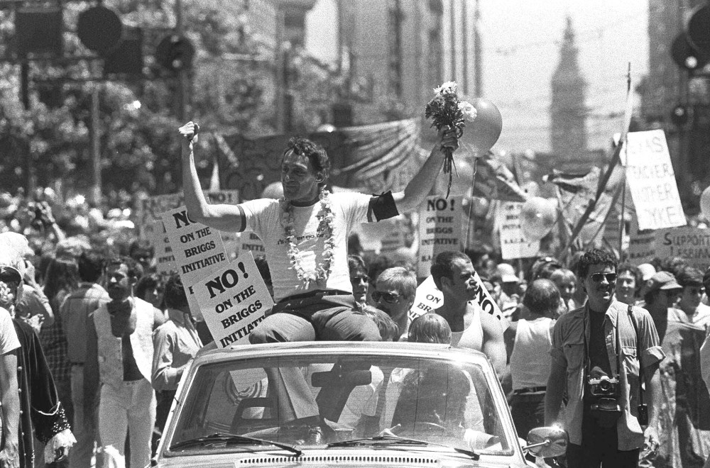 Then San Francisco Supervisor Harvey Milk is seen in San Francisco's seventh annual Gay Freedom parade, June 26, 1978.