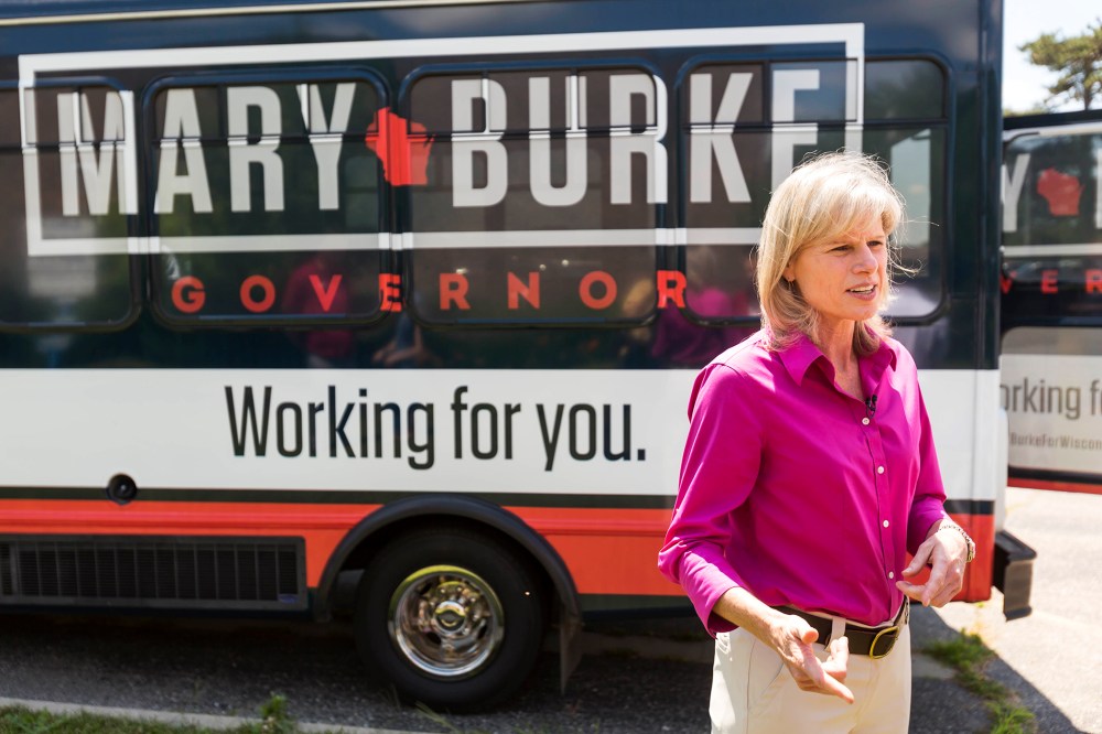 Wisconsin democratic gubernatorial candidate Mary Burke is interviewed by Wisconsin Public Television on July 24, 2014, in Janesville, Wis.