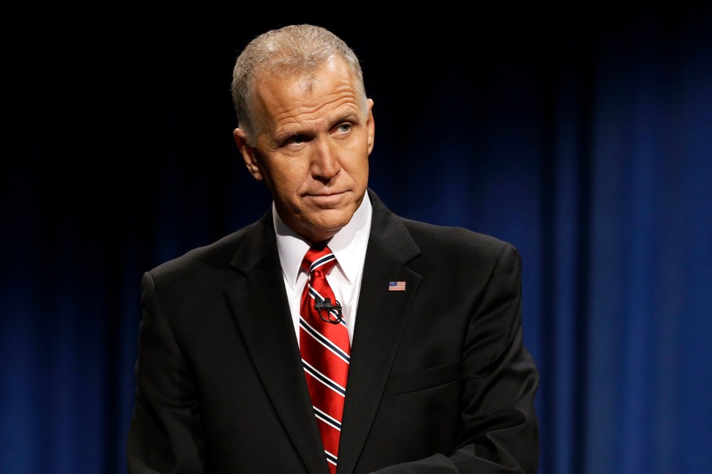 North Carolina Republican Senate candidate Thom Tillis pauses while participating in debate with Sen. Kay Hagan, D-N.C. in Research Triangle Park, N.C., on Oct. 7, 2014. (Photo by Gerry Broome/Pool/AP)