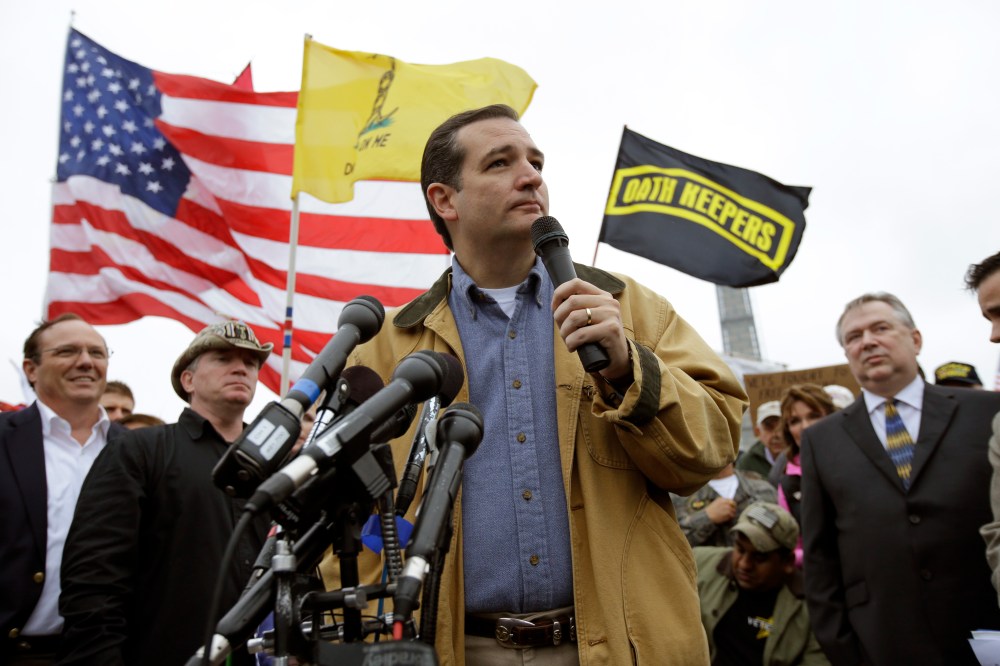 Tea Party Sen. Ted Cruz speaks at a rally at the World War II Memorial on the National Mall in Washington Sunday, Oct. 13, 2013.