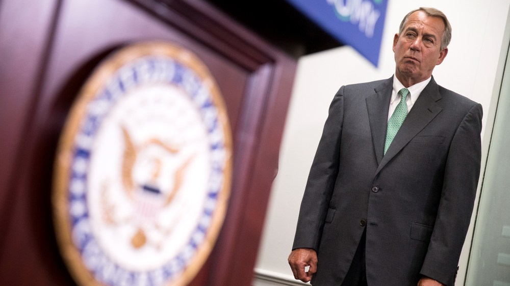 House Speaker John Boehner of Ohio listens during a news conference on Capitol Hill in Washington, D.C., April 14, 2015, following a GOP strategy meeting. (Photo by Andrew Harnik/AP)