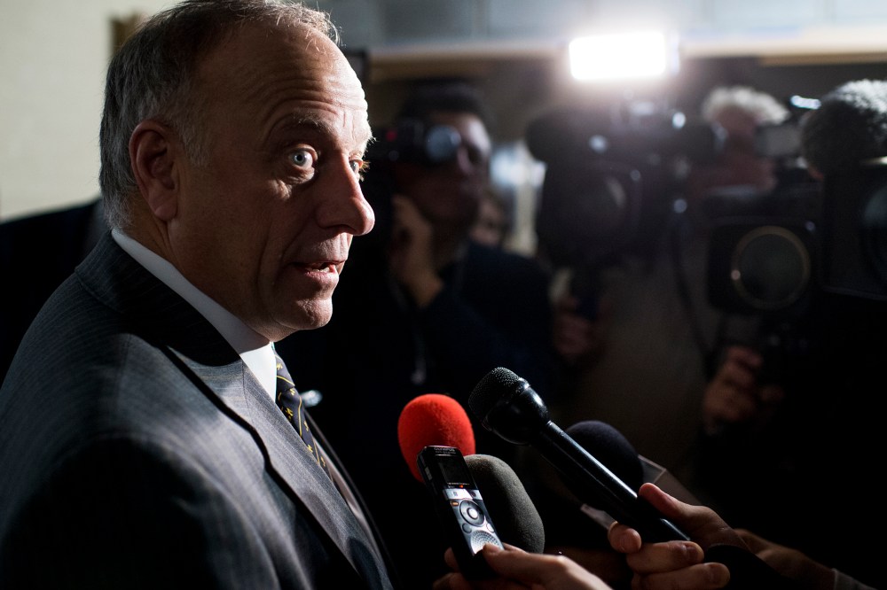 Rep. Steve King, R-Iowa, speaks with reporters following the House GOP caucus meeting on immigration on Jan. 9, 2015 in Washington, D.C. (Photo By Bill Clark/CQ Roll Call/AP)