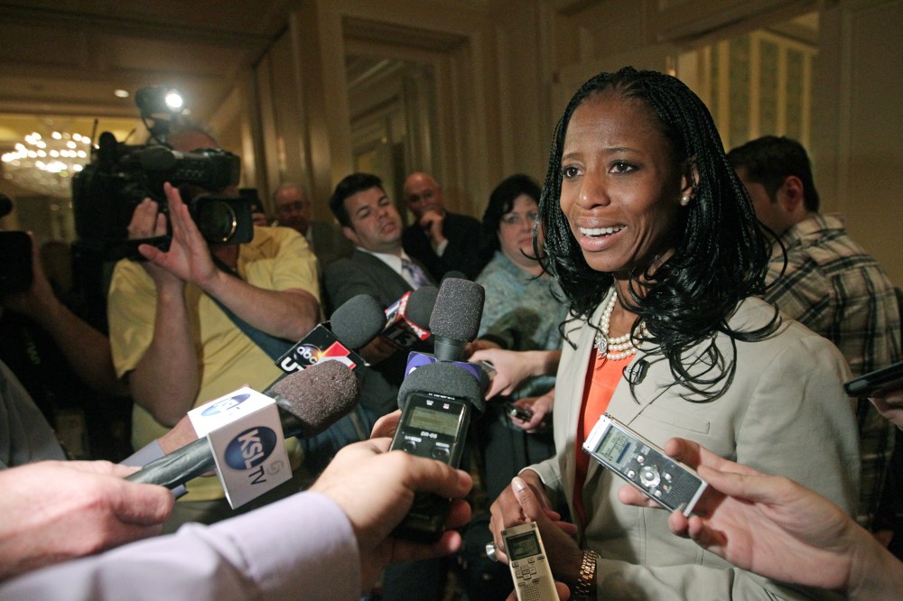 Republican Mia Love candidate for Utah's 4th Congressional District responds to questions from the media following the annual conference of the Utah Taxpayers Association, May 20, 2014, in Salt Lake City. (Photo by Rick Bowmer/AP)