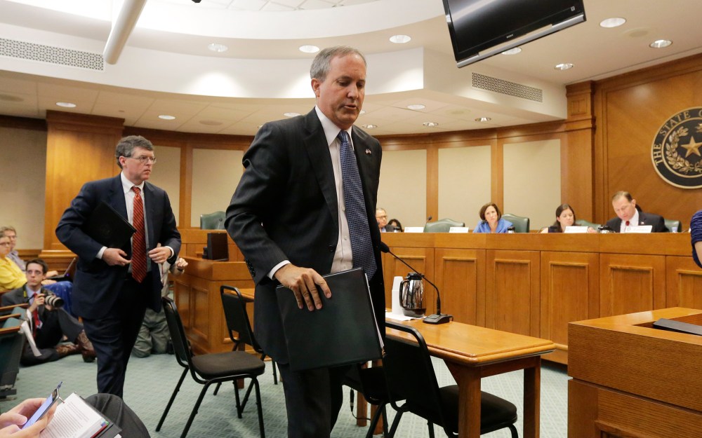 Texas attorney general Ken Paxton departing after testifying at a Texas Texas Senate Health and Human Services Committee hearing on Planned Parenthood videos covertly recorded that target the abortion provider, July 29, 2015. (Photo by Eric Gay/AP)