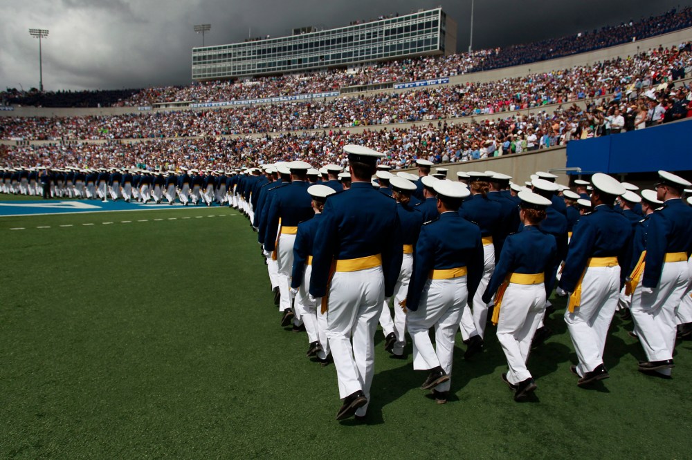 Graduating Air Force cadets march into the football stadium at the start of the commencement ceremony at the U.S. Air Force Academy in Colorado, May 29, 2013.