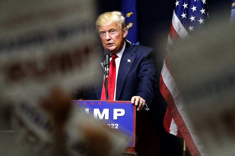 Republican presidential candidate Donald Trump speaks during a campaign rally, April 6, 2016, in Bethpage, N.Y. (Photo by Julie Jacobson/AP)