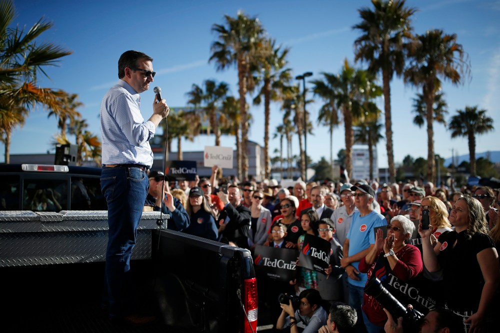 Republican presidential candidate Sen. Ted Cruz, R-Texas, speaks from the bed of a truck at a rally, Feb. 21, 2016, in Pahrump, Nev. (Photo by John Locher/AP)