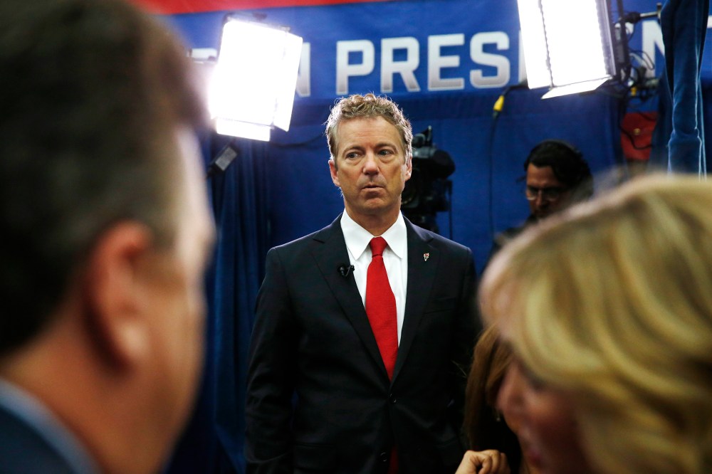 Rand Paul pauses after an interview in the spin room following the CNBC Republican presidential debate at the University of Colorado, Oct. 28, 2015, in Boulder, Colo. (Photo by Brennan Linsley/AP)