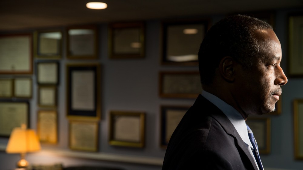 Republican presidential candidate Dr. Ben Carson poses for a photograph before speaking with The Associated Press in his home in Upperco, Md., Dec. 23, 2015. (Photo by Andrew Harnik/AP)