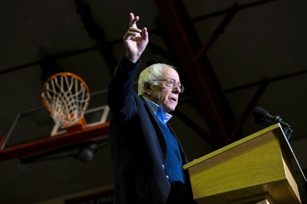 Democratic presidential candidate Sen. Bernie Sanders (I-Vt) gestures during a campaign speech, Feb. 8, 2016, in Nashua, N.H. (Photo by John Minchillo/AP)