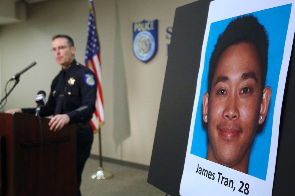 Sacramento Police Chief Sam Somers Jr., left, announces the arrest of James Tran on Nov. 4, 2015. (Photo by Rich Pedroncelli/AP)