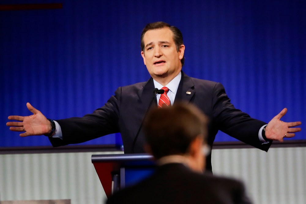 Republican presidential candidate Sen. Ted Cruz, R-Texas, answers a question during a Republican presidential primary debate, Jan. 28, 2016, in Des Moines, Iowa. (Photo by Charlie Neibergall/AP)