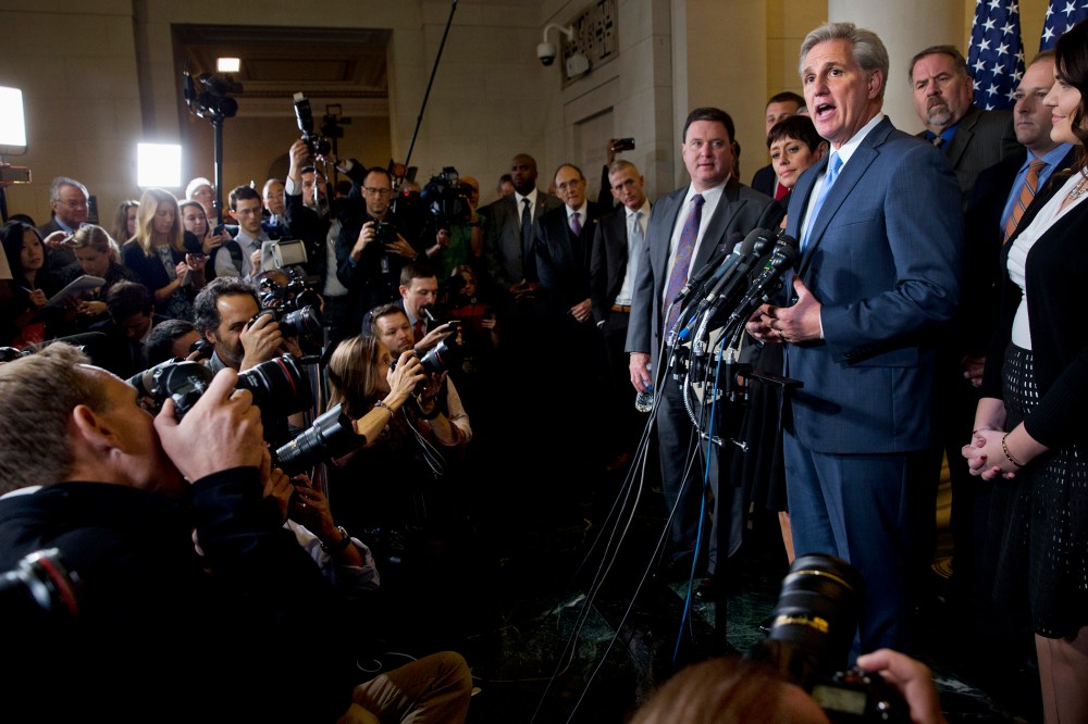 Majority Leader Kevin McCarthy of Calif. answers a question during a news conference on Capitol Hill in Washington, Oct. 8, 2015, after stepping down as a nominee for House Speaker to replace John Boehner. (Photo by Jacquelyn Martin/AP)