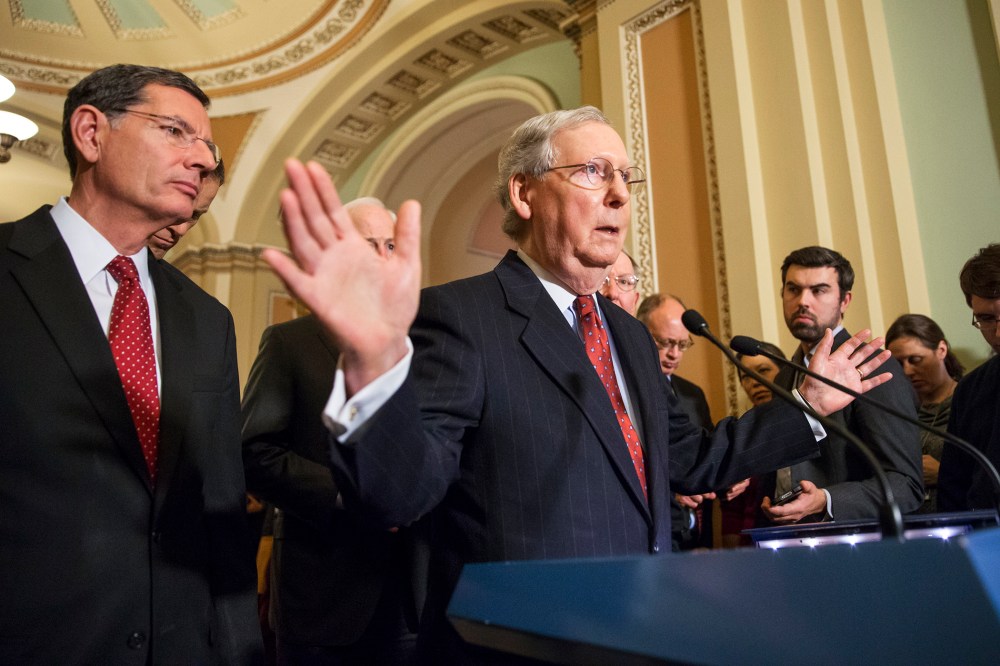 Without mentioning Donald Trump by name, Senate Majority Leader Mitch McConnell, R-Ky., denounced Trump's recent remarks about restricting Muslim travel during a news conference at the Capitol in Washington, Dec. 8, 2015. (Photo by J. Scott Applewhite/AP)