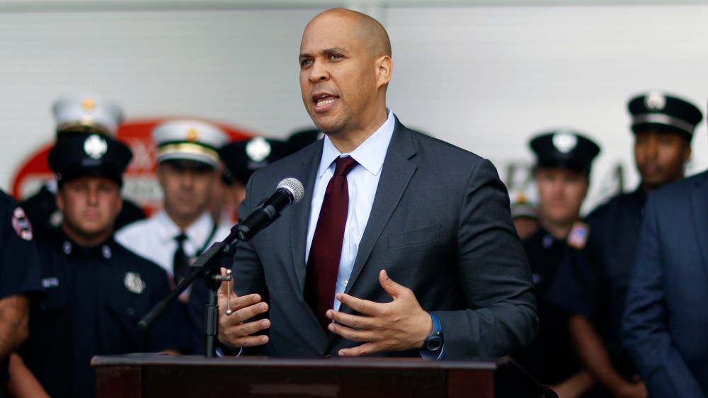 Former Newark Mayor, Sen. Cory Booker, D-NJ, addresses a gathering during an announcement at Newark's fire department, Sept. 21, 2015, in Newark, N.J. (Photo by Mel Evans/AP)