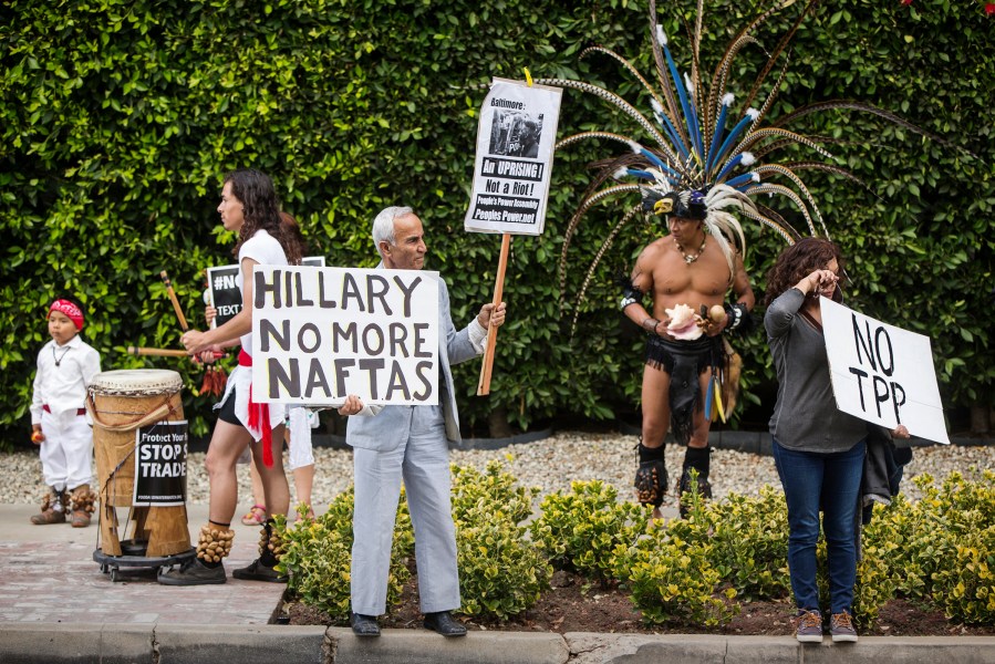Los Angeles community members protest the Trans-Pacific Partnership (TPP) and Trade Promotion Authority (TPA) known as 