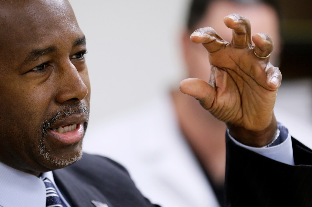 Republican presidential candidate Dr. Ben Carson speaks during a news conference, Oct. 2, 2015, in Ankeny, Iowa. (Photo by Charlie Neibergall/AP)