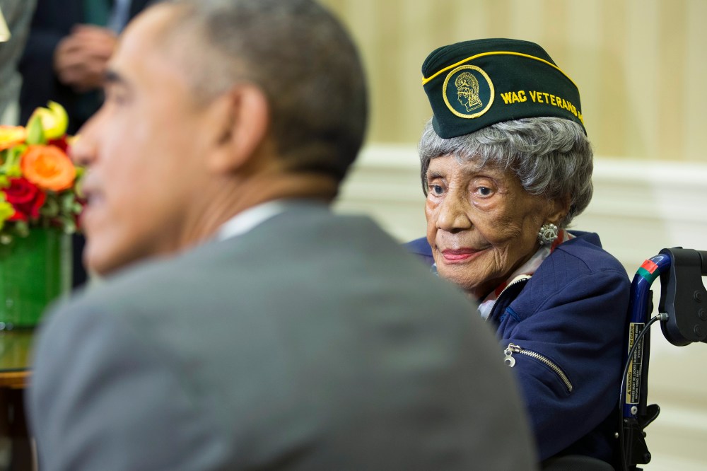 President Barack Obama meets with Emma Didlake, 110, of Detroit, the oldest known World War II veteran on July 17, 2015, in the Oval Office of the White House. (Photo by Evan Vucci/AP)