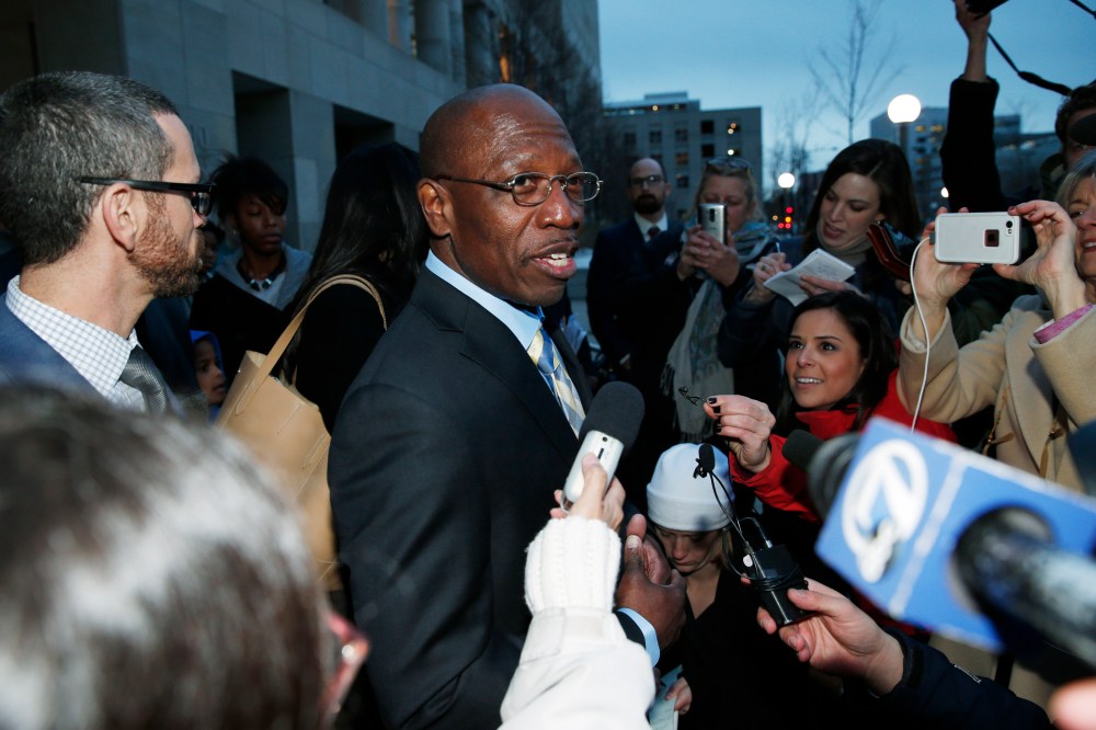 Surrounded by reporters, Clarence Moses-EL talks after being released from Denver County jail on Dec. 22, 2015, in Denver, Co. (Photo by David Zalubowski/AP)