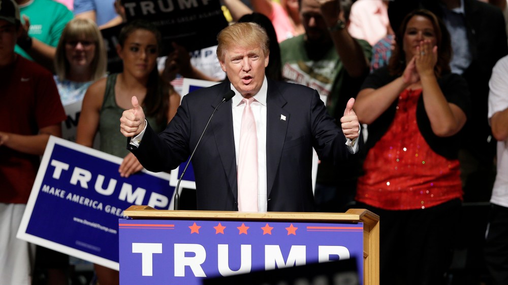 Republican presidential candidate Donald Trump speaks at a rally and picnic on July 25, 2015, in Oskaloosa, Iowa. (Photo by Charlie Neibergall/AP)