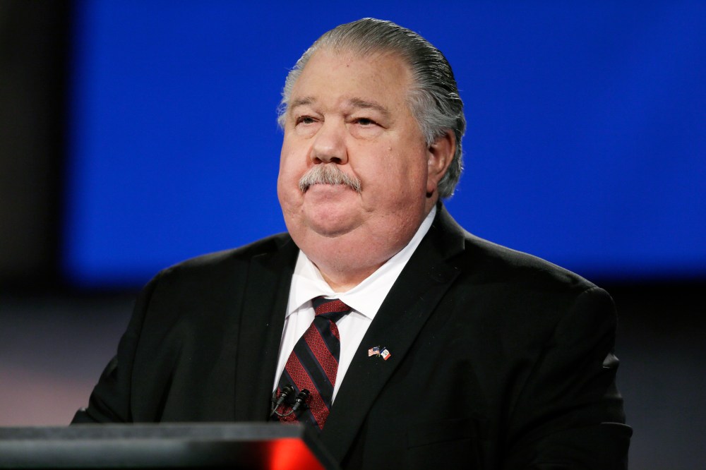Iowa Republican senatorial candidate college professor Sam Clovis looks on before a live televised debate at Iowa Public Television studios on April 24, 2014, in Johnston, Iowa. (Photo by Charlie Neibergall/AP)