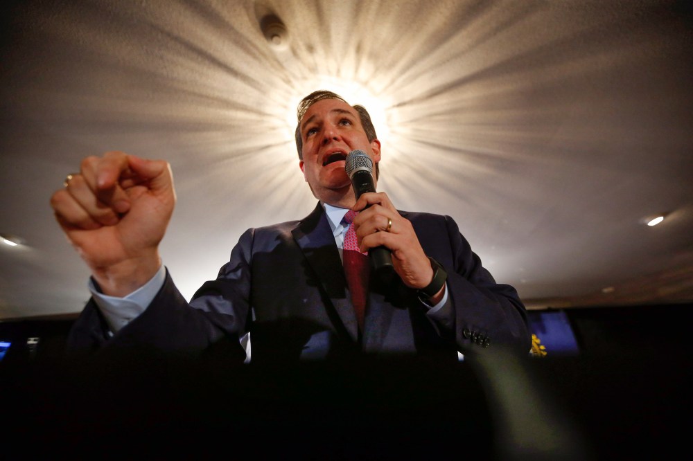Republican presidential candidate, Sen. Ted Cruz, (R-Tex) speaks to supporters on primary election night, Feb. 9, 2016, in Hollis, N.H. (Photo by Robert F. Bukaty/AP)