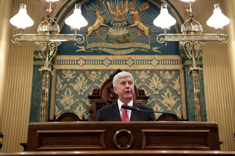 Michigan Gov. Rick Snyder delivers his State of the State address to a joint session of the House and Senate, Jan. 19, 2016, at the state Capitol in Lansing, Mich. (Photo by Al Goldis/AP)
