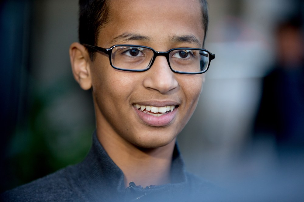 In this Oct. 19, 2015, file photo, Ahmed Mohamed, the 14-year-old who was arrested at MacArthur High School in Irving, Texas, after a homemade clock he brought to school was mistaken for a bomb, speaks during an interview in Washington. (Andrew Harnik/AP)
