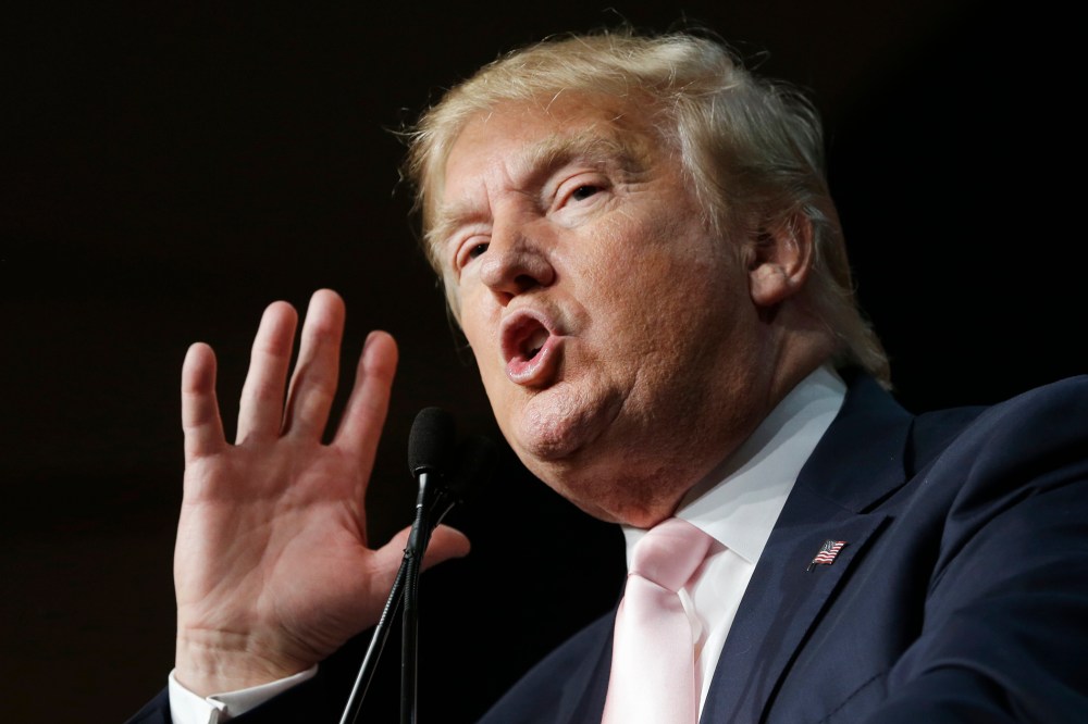 In this Oct. 23, 2015, file photo, Republican presidential candidate Donald Trump speaks at the Trump National Doral Miami resort in Doral, Fla. (Photo by Alan Diaz/AP)