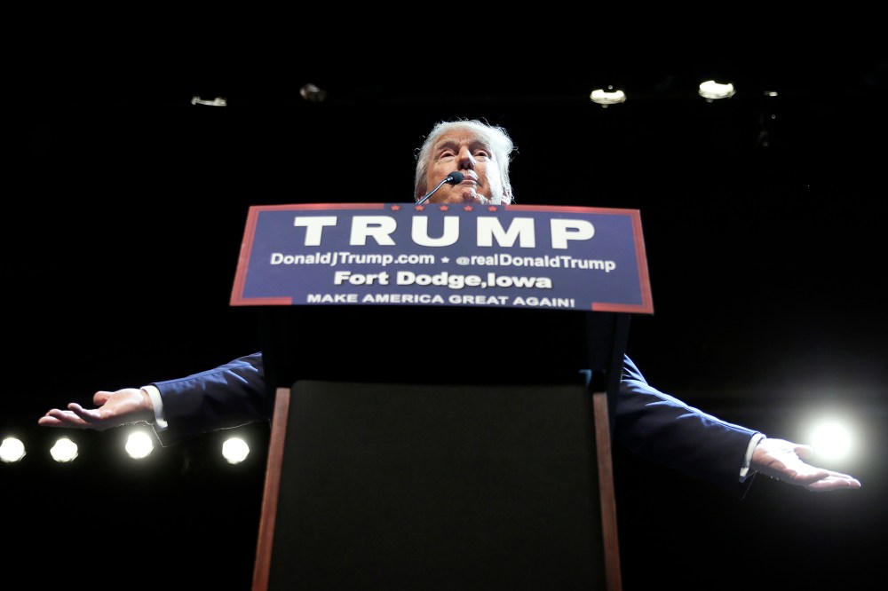 Republican presidential candidate Donald Trump speaks during a rally at Iowa Central Community College, Nov. 12, 2015, in Fort Dodge, Iowa. (Photo by Charlie Neibergall/AP)