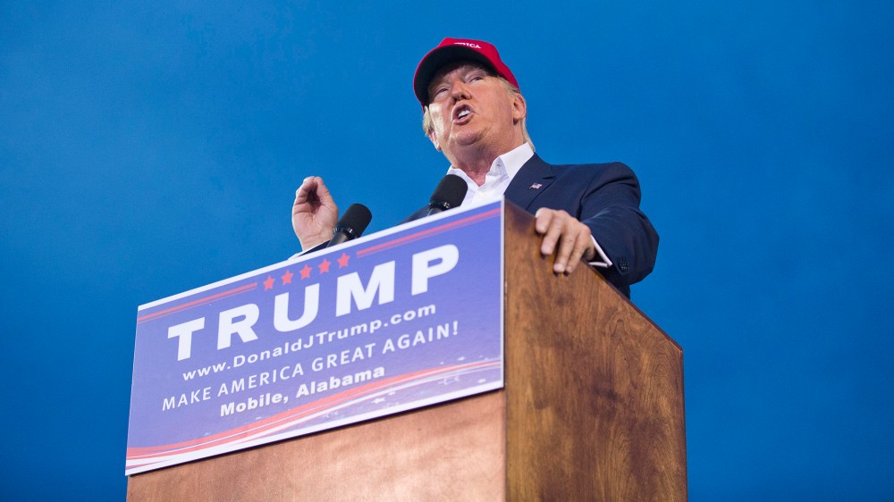 Republican presidential candidate Donald Trump speaks during a campaign rally in Mobile, Ala., on Friday, Aug. 21, 2015.  (Photo by Brynn Anderson/AP)