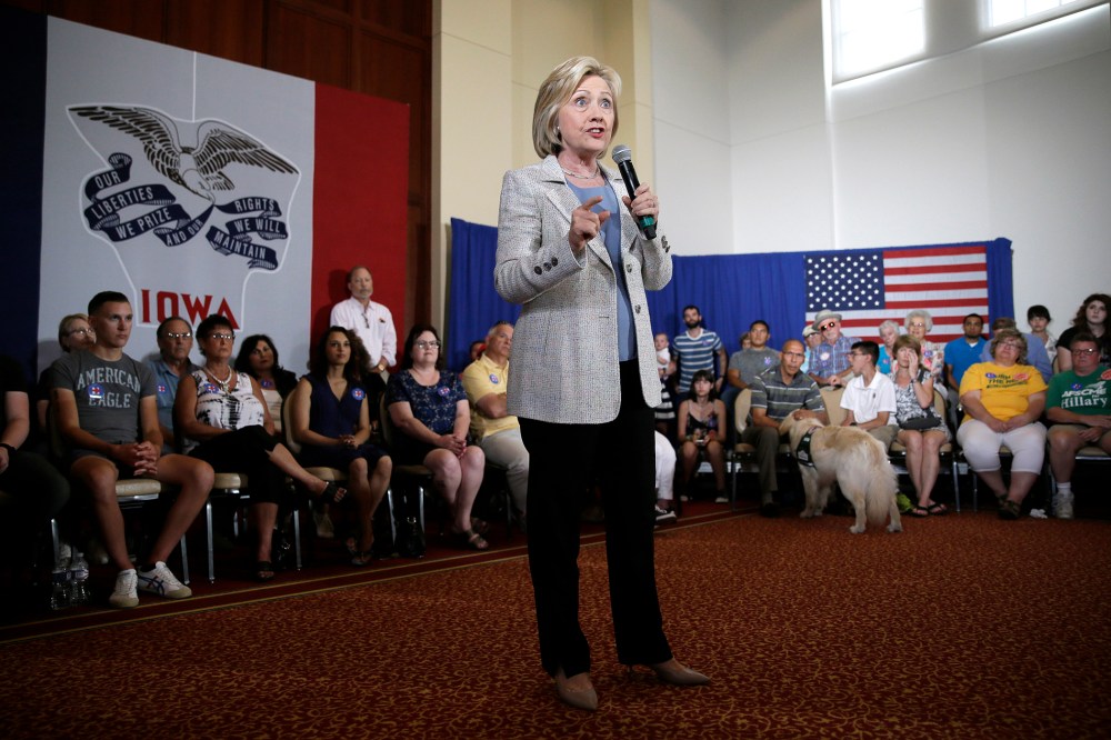Democratic presidential candidate Hillary Rodham Clinton speaks during a campaign event on July 26, 2015, at Iowa State University in Ames, Iowa. (Photo by Charlie Neibergall/AP)